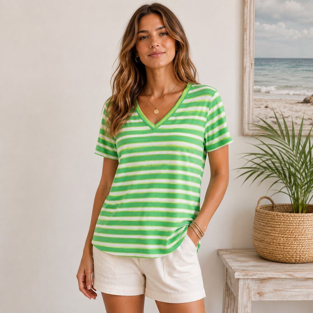 Basic Editions Short Sleeve Ribbed Knit Top Women's Size 1X Green Striped Casual